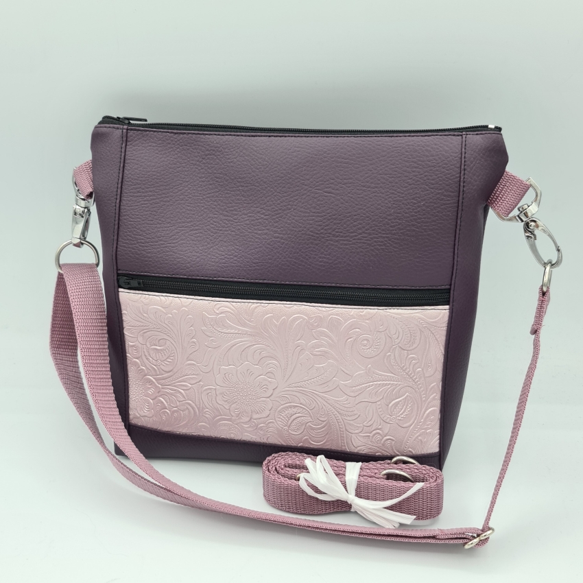 Gassitasche / Cross Bag / Hip Bag, augergine / rosa Blütenranken